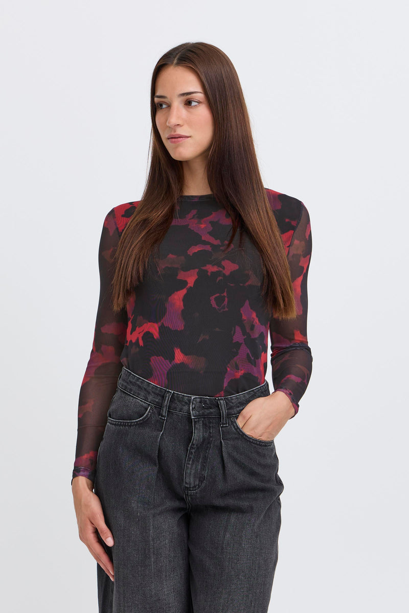 B.Young Bypaloma Barbados Burgundy Red Printed Long Sleeve Mesh Top