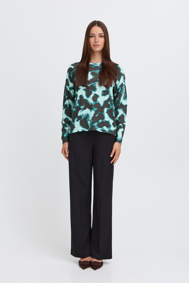 B.Young ByPieta Blurry Green Abstract Printed Knitted Pullover