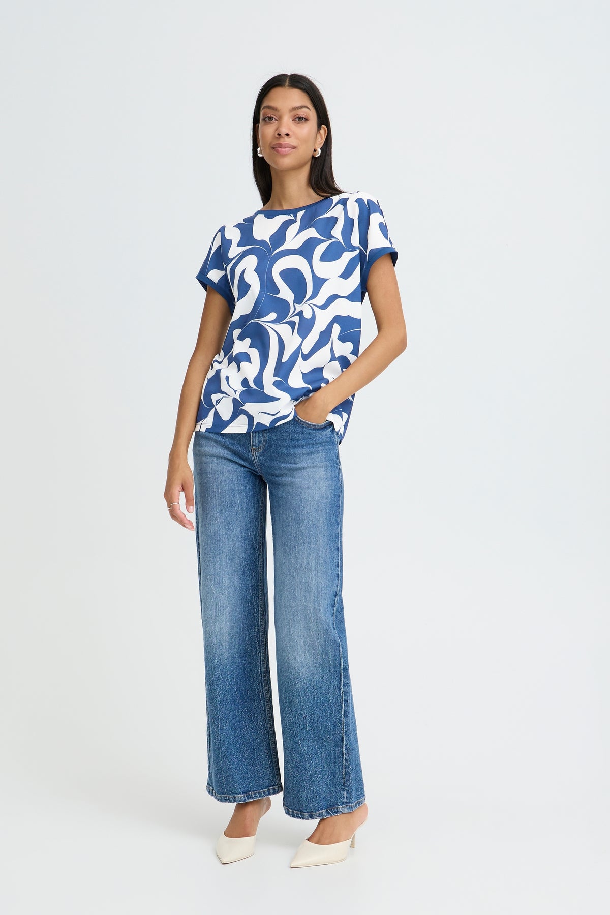 B.Young ByPanya Medieval Blue Swirl Print Silky Front T-Shirt