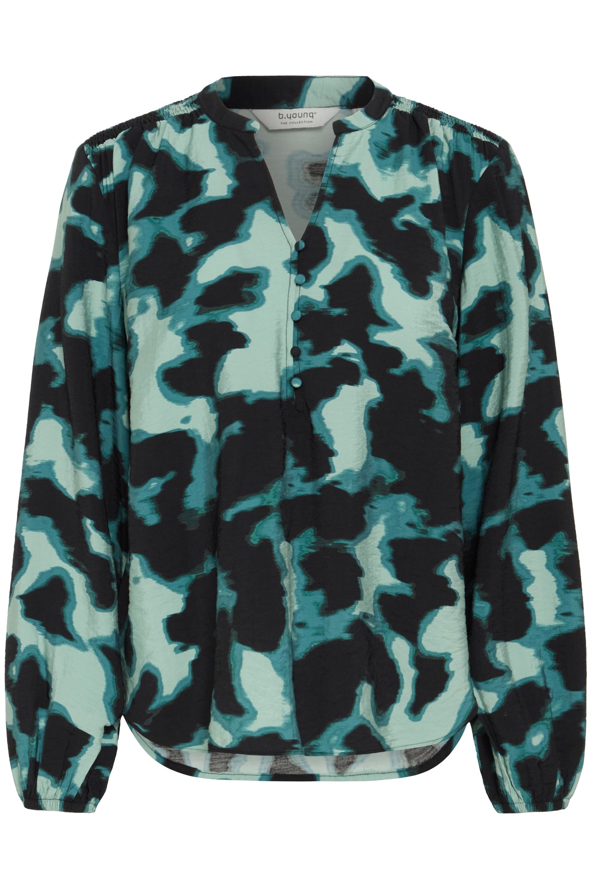 B.Young Byibine Blurry Green Abstract Printed V-Neck Blouse, 20817064