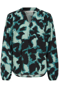 B.Young Byibine Blurry Green Abstract Printed V-Neck Blouse, 20817064