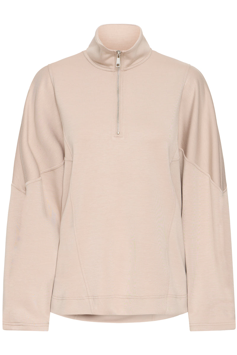 B.Young ByPusti String Beige Modal Oversized Half Zip Sweatshirt