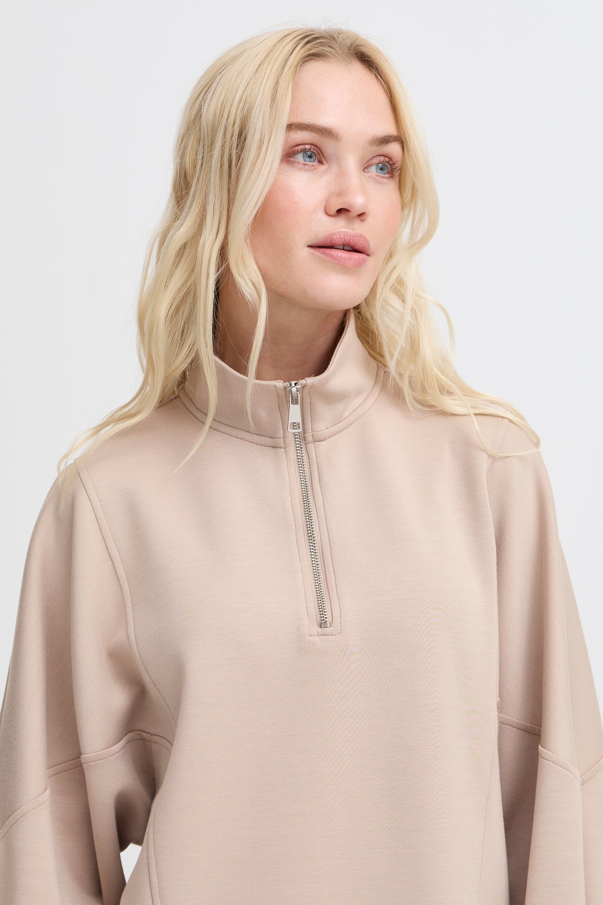 B.Young ByPusti String Beige Modal Oversized Half Zip Sweatshirt