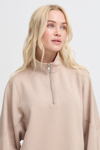 B.Young ByPusti String Beige Modal Oversized Half Zip Sweatshirt