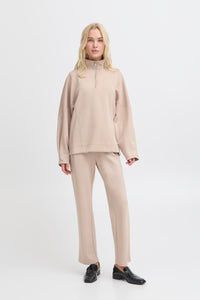 B.Young ByPusti String Beige Modal Oversized Half Zip Sweatshirt