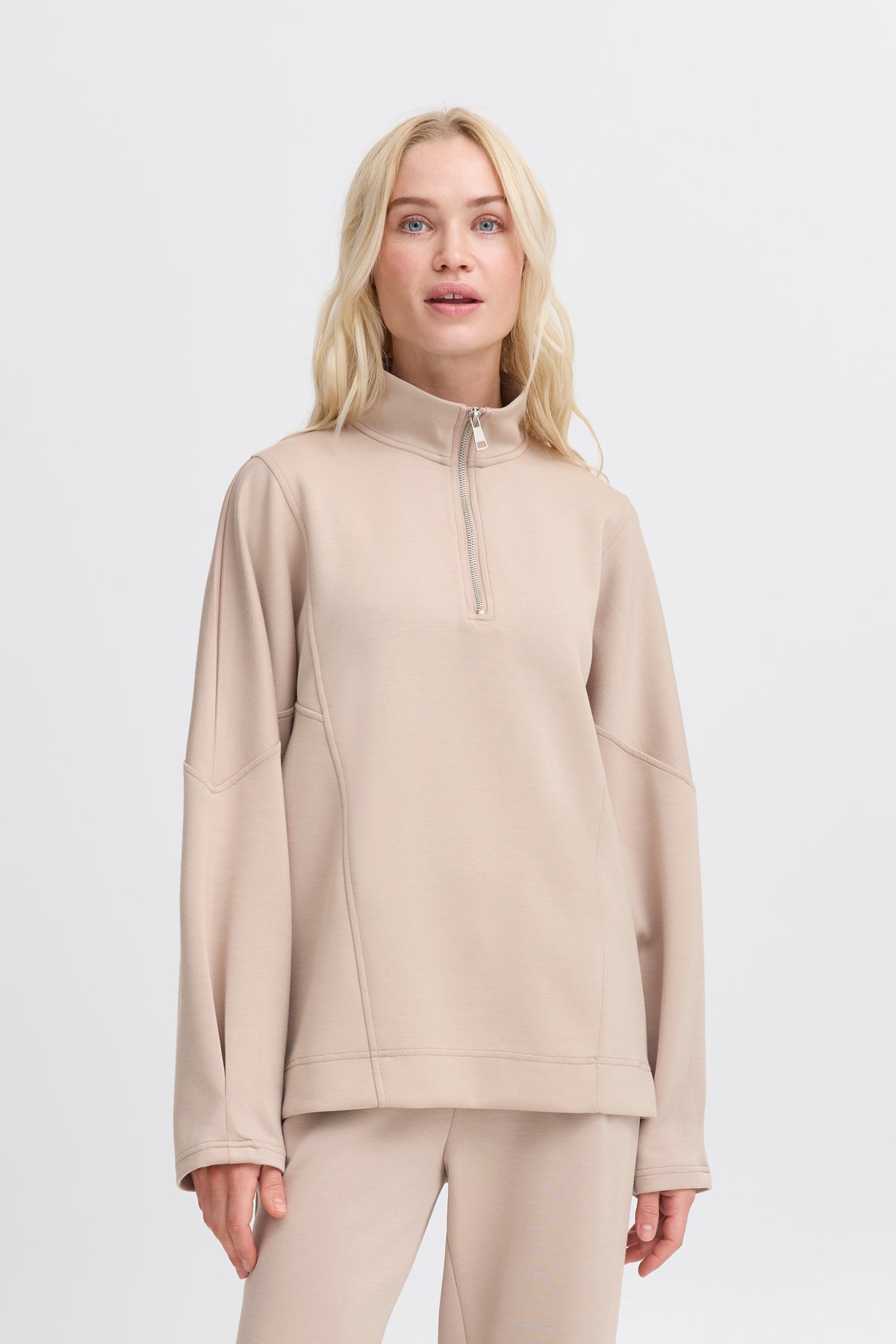 B.Young ByPusti String Beige Modal Oversized Half Zip Sweatshirt