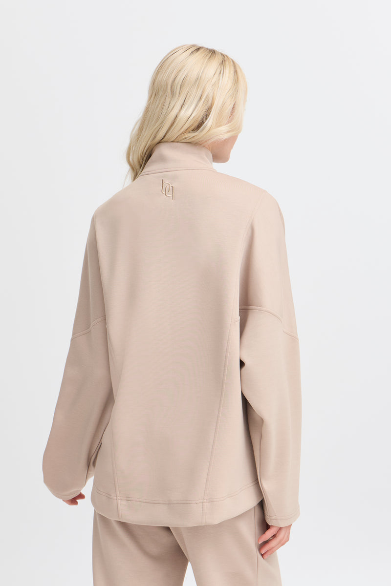 B.Young ByPusti String Beige Modal Oversized Half Zip Sweatshirt
