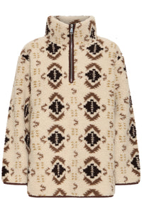 B.Young ByCillan Humus Beige Printed Teddy Fleece Half Zip Jacket