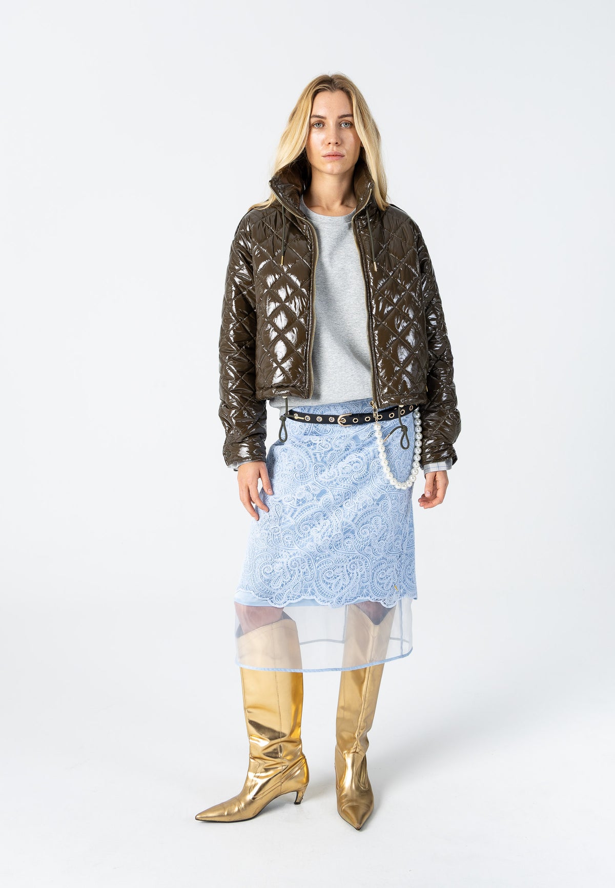 Coster Copenhagen Khaki Brown Quilted Cropped Oversized Jacket