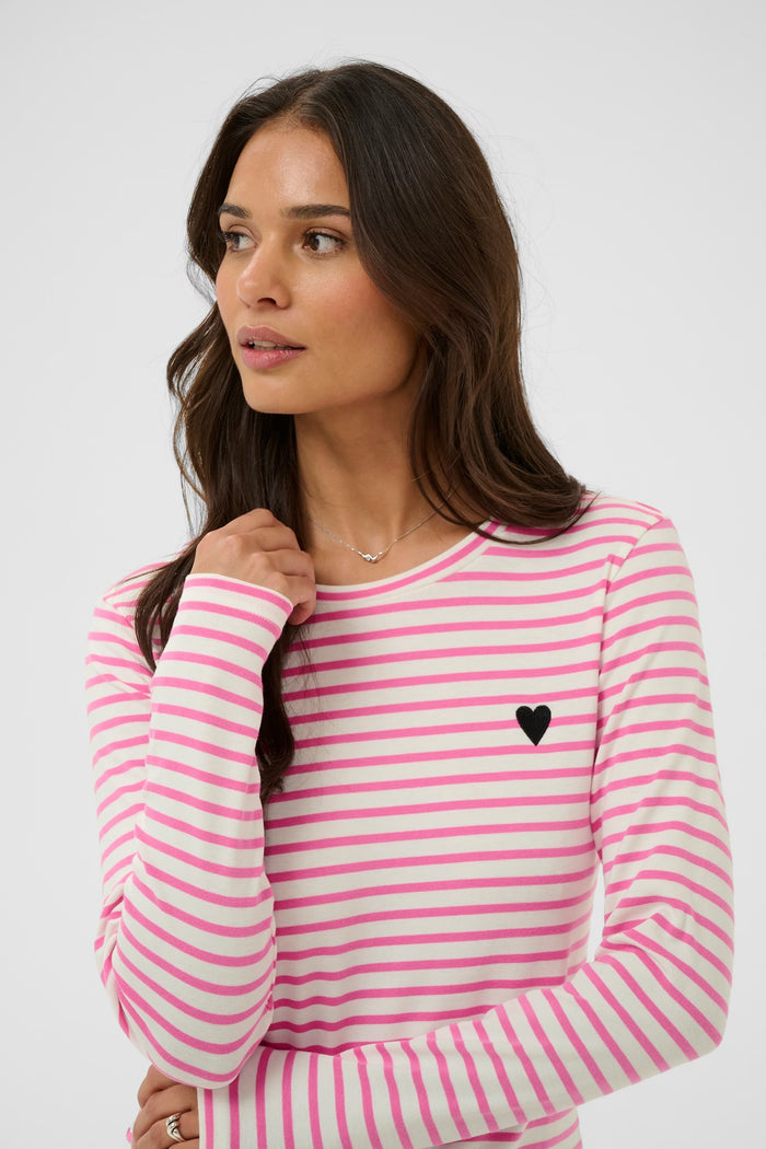 Kaffe Liddy Chalk/Power Pink Stripe Top with Black Heart