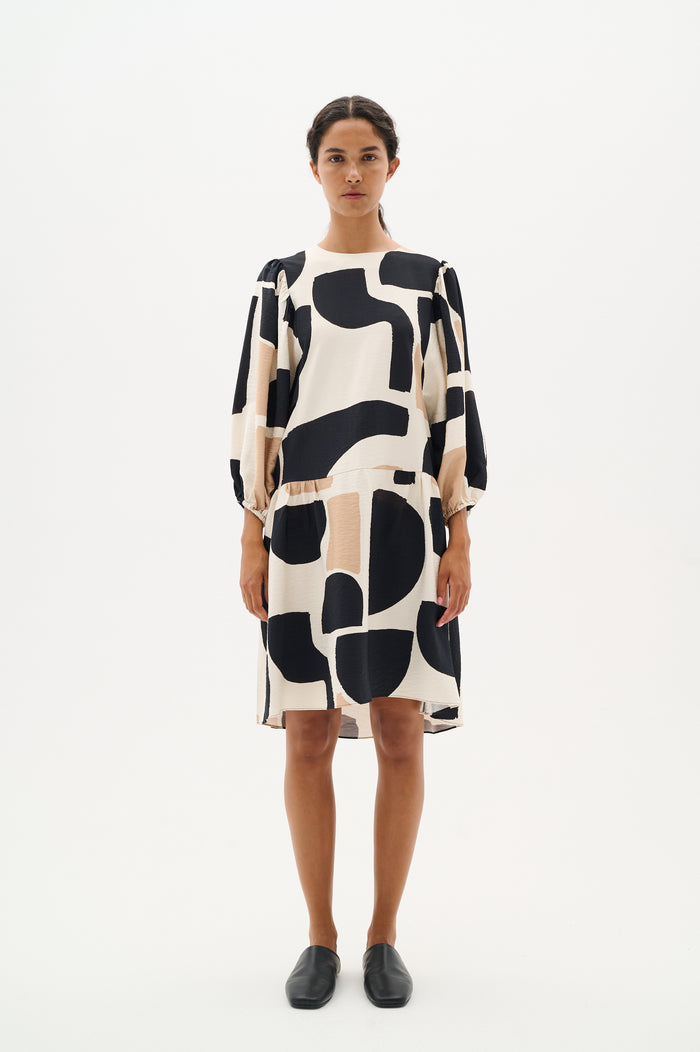 InWear CominoIW Black/Beige Block Printed Layered Hem Dress, 30110236