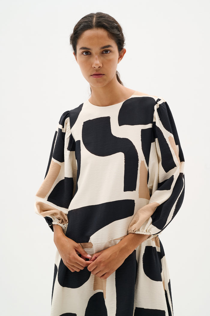 InWear CominoIW Black/Beige Block Printed Layered Hem Dress, 30110236