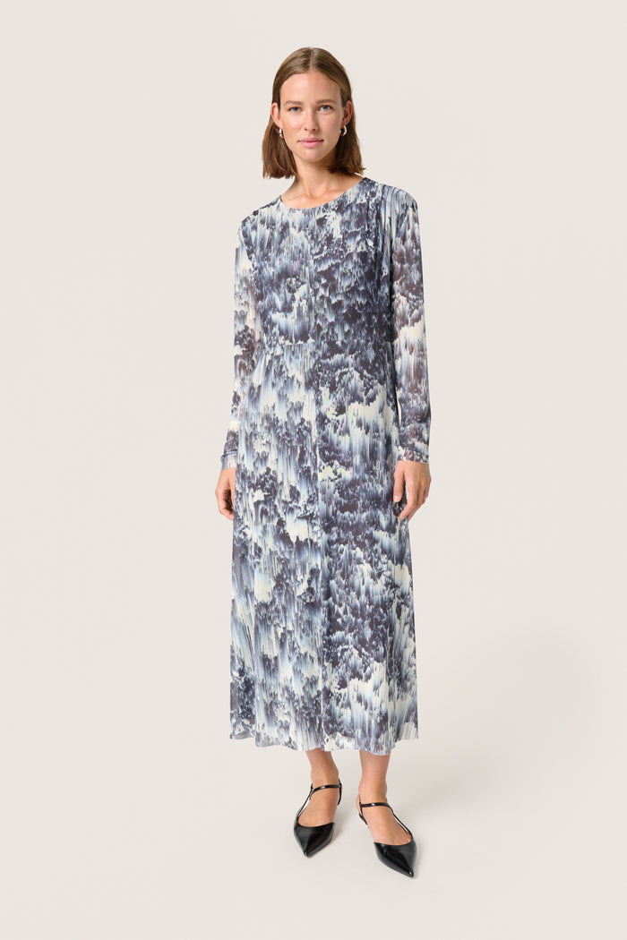 Soaked in Luxury Hartley Dark Navy Landscape Printed Mesh Midi Dress, 30407916