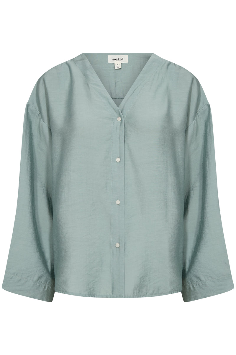 Soaked in Luxury Leodora Silver Blue V-Neck Oversized Blouse, 30408093
