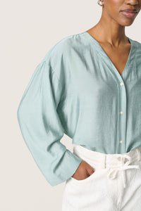 Soaked in Luxury Leodora Silver Blue V-Neck Oversized Blouse, 30408093