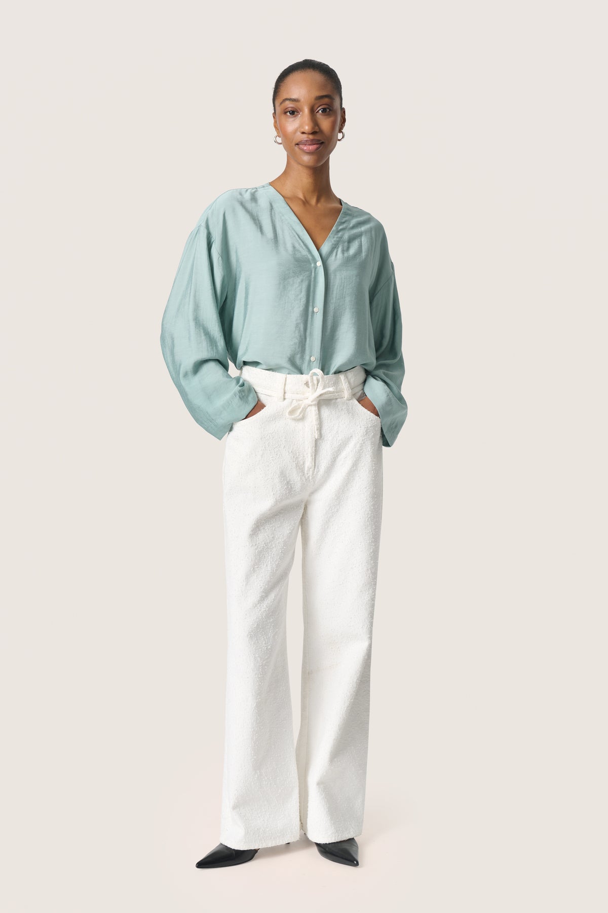 Soaked in Luxury Leodora Silver Blue V-Neck Oversized Blouse