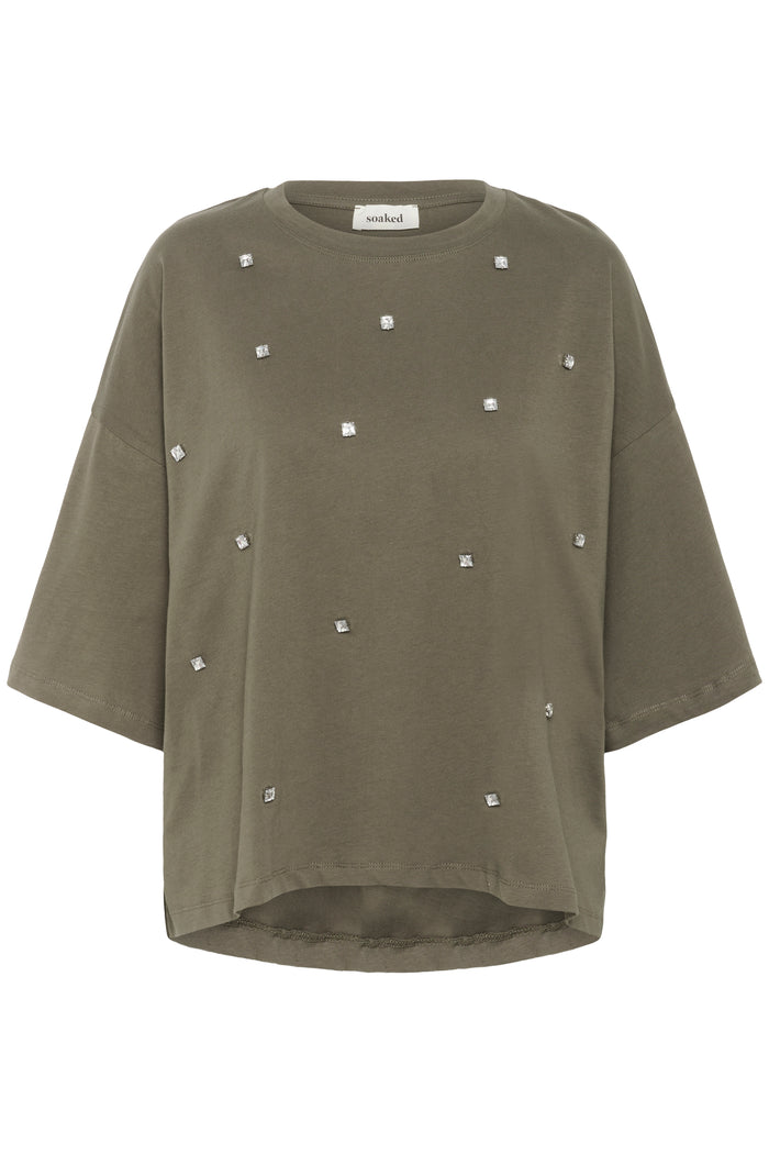 Soaked SLAfshan Simili Tarmac Khaki Oversized Embellished T-Shirt