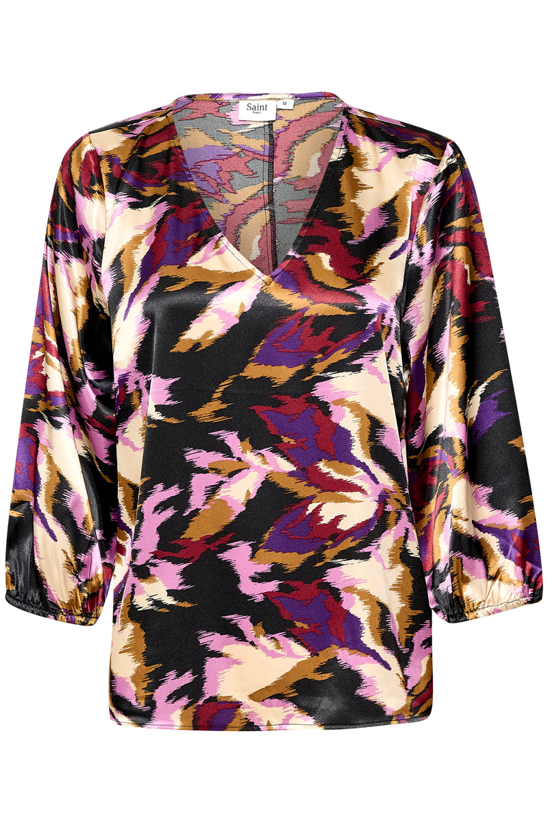 Saint Tropez Bee Lilac Abstract Print V-Neck Satin Blouse, 30512983