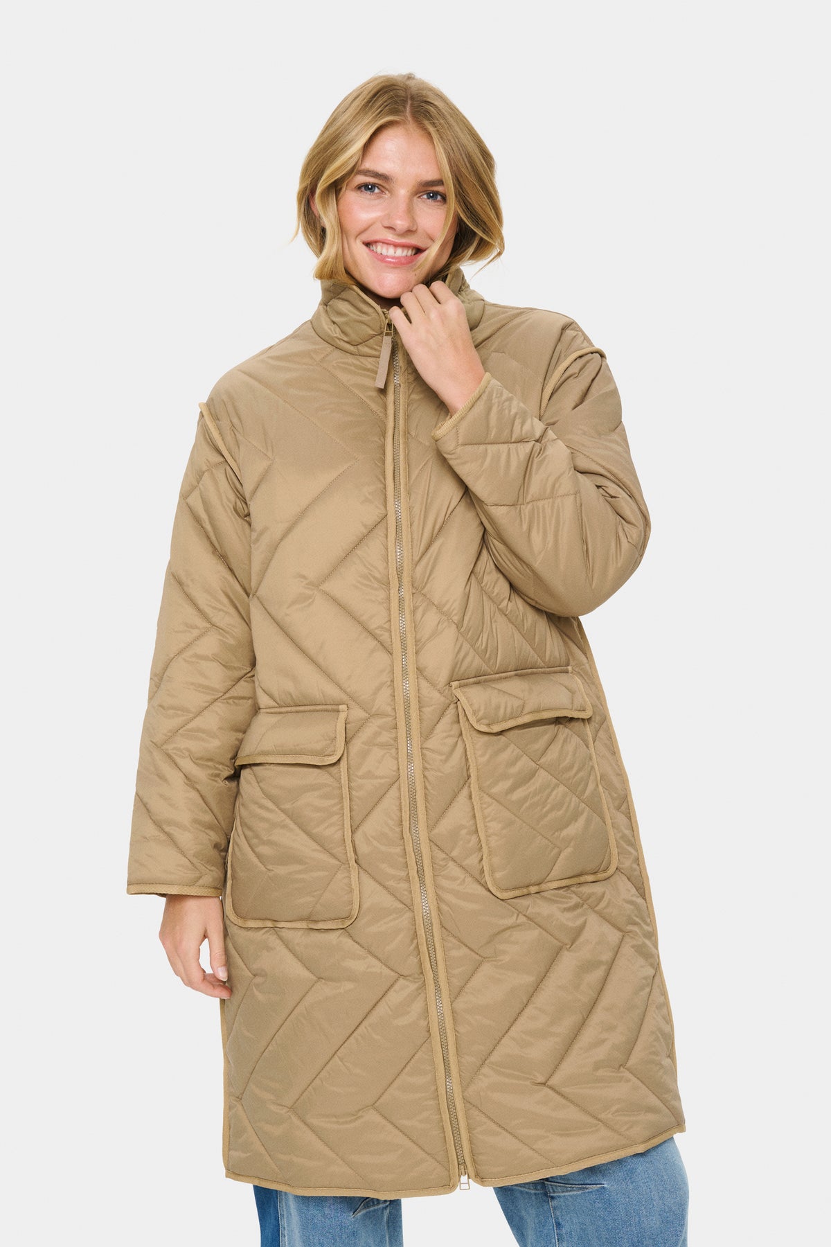 Saint Tropez Lucinda Oak Beige Longline Quilted Coat