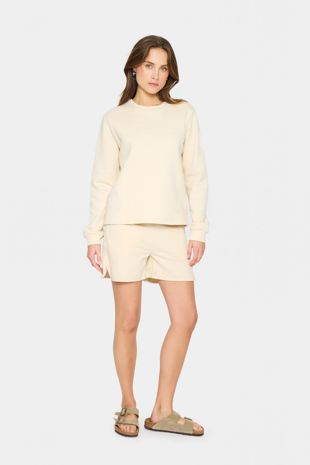 Saint Tropez Lyona Cream Embossed 'SMILE' Logo Fleece Lined Sweatshirt