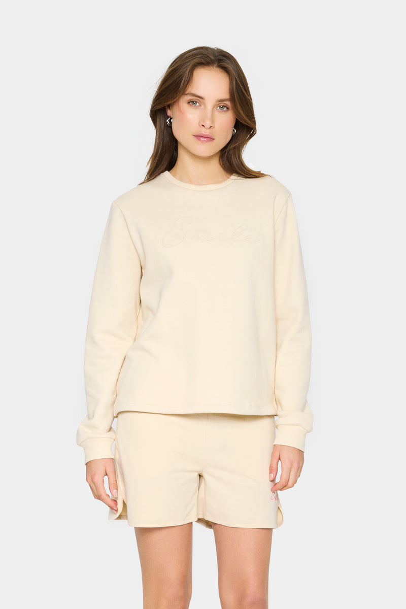 Saint Tropez Lyona Cream Embossed 'SMILE' Logo Fleece Lined Sweatshirt