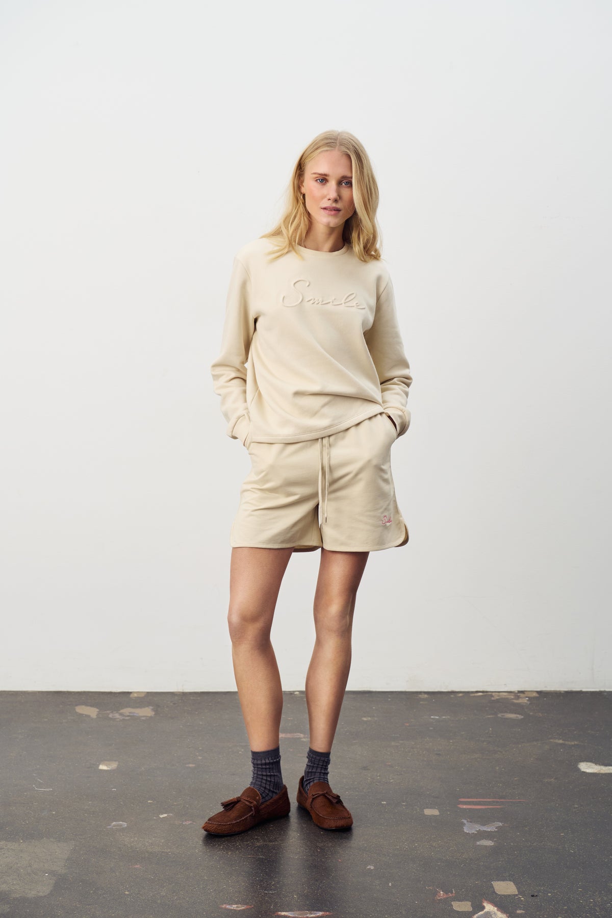 Saint Tropez Lyona Cream Embossed 'SMILE' Logo Fleece Lined Sweatshirt