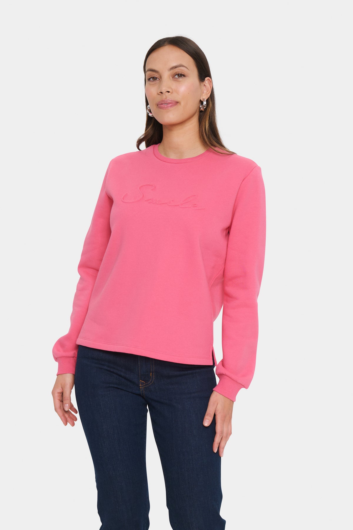 Saint Tropez Lyona Coral Pink Embossed 'SMILE' Logo Fleece Lined Sweatshirt