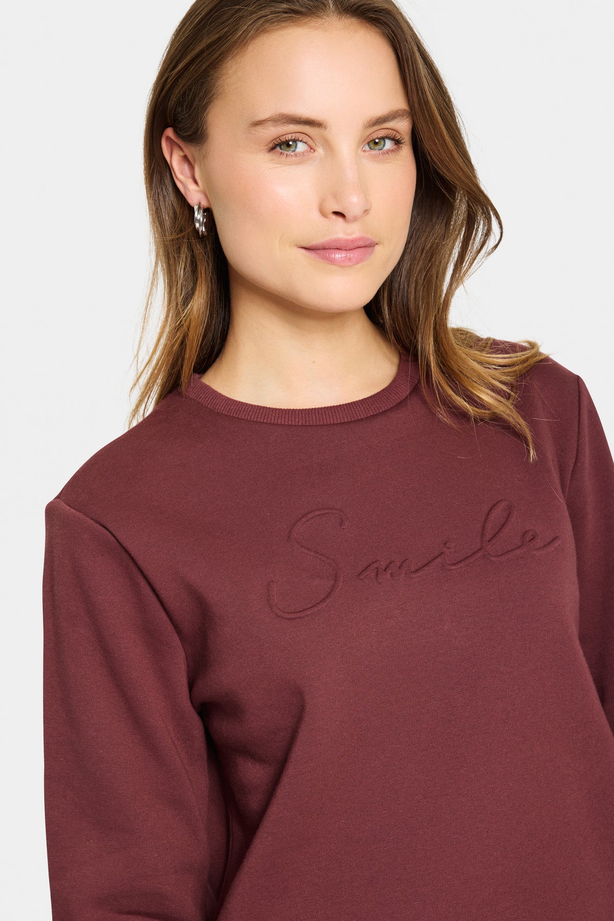 Saint Tropez Lyona Burgundy Embossed 'SMILE' Logo Fleece Lined Sweatshirt