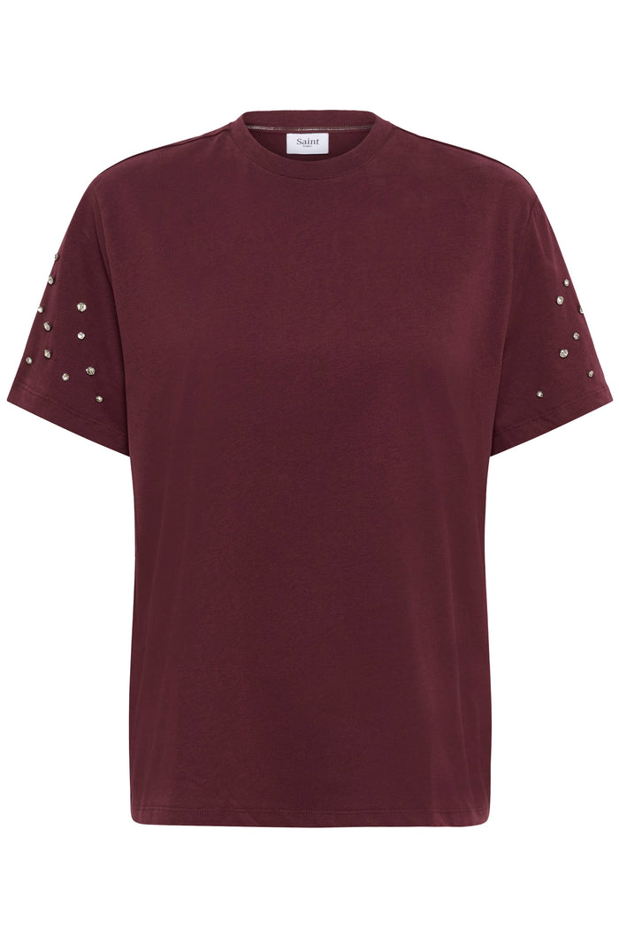 Saint Tropez Lyciana Burgundy Oversized Embellished T-Shirt