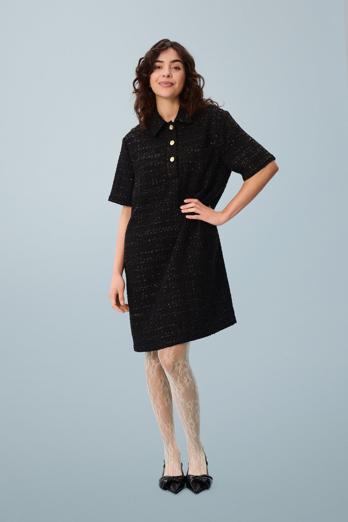 Saint Tropez Nigella Black Tweed Embellished Button A-Line Dress