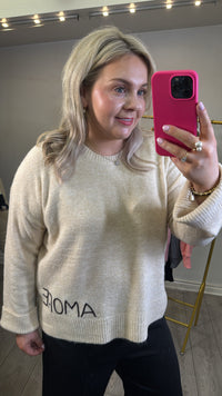 Grace & Mila Saints Oatmeal Beige 'AMORE' Chocolate Embroidered Knit