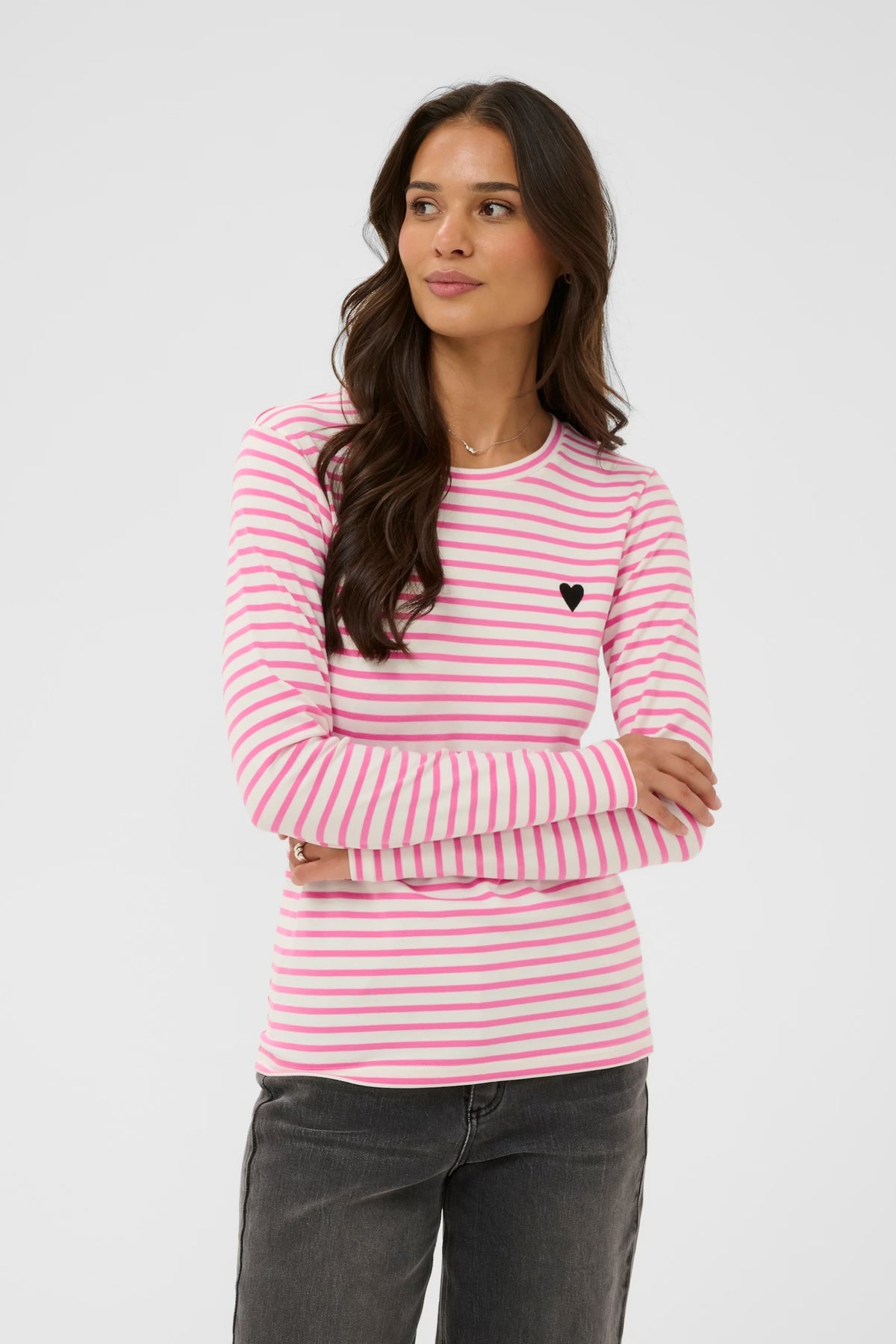 Kaffe Liddy Chalk/Power Pink Stripe Top with Black Heart