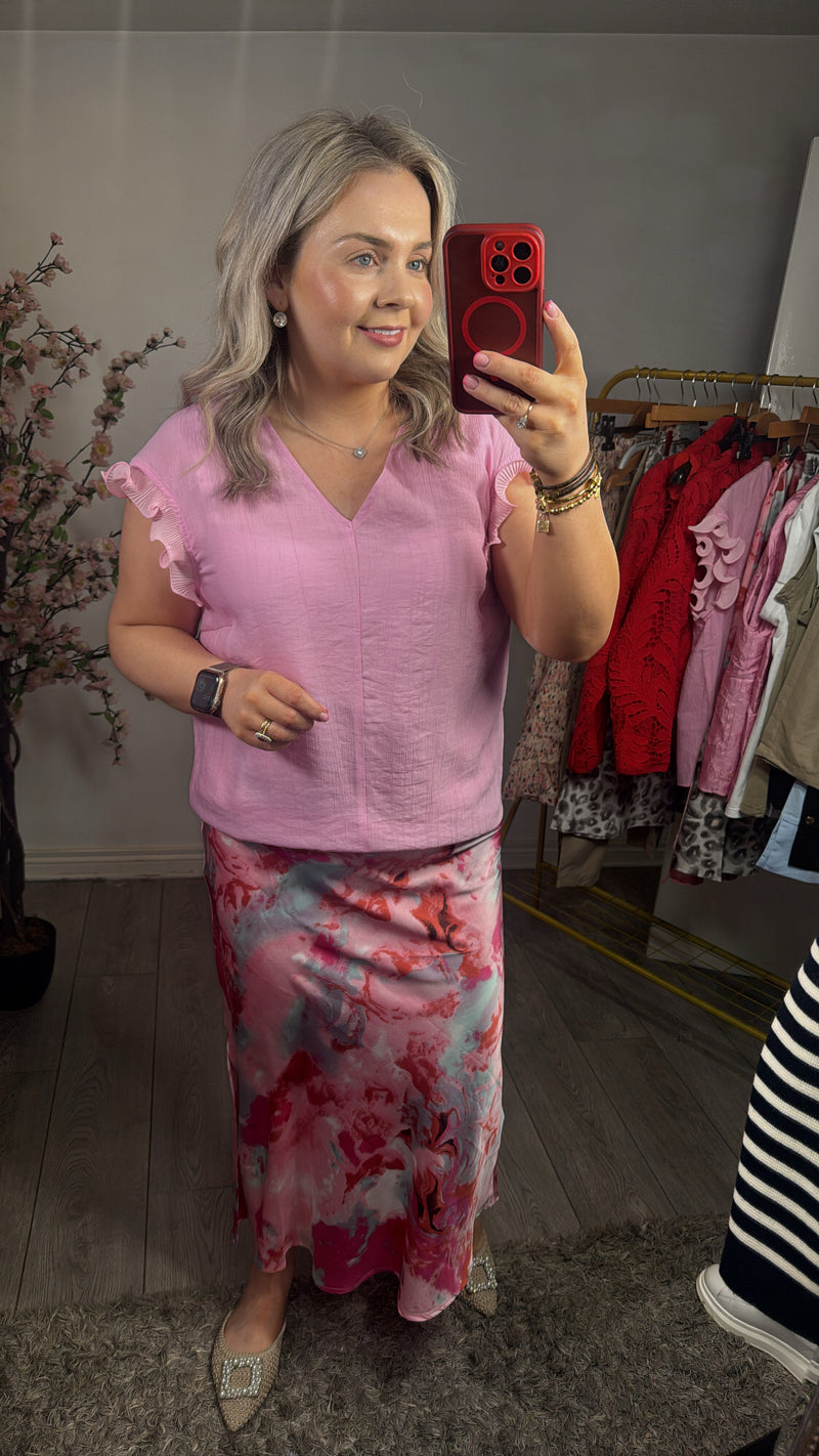 Coster Copenhagen Candy Pink V-Neck Top with Ruffle Detailing, 251-1129