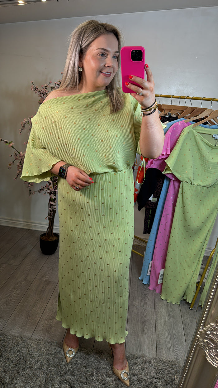 Never Fully Dressed Pistachio Tilly Off the Shoulder Dress