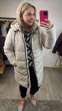 Kaffe Kasusanne Feather Beige Ultimate Puffa Knee Length Coat with Detachable Hood, 10508810