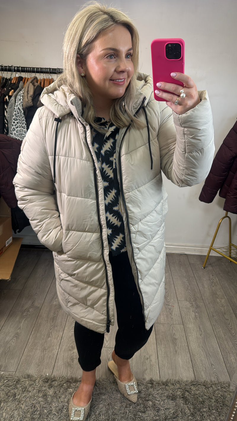 Kaffe Kasusanne Feather Beige Ultimate Puffa Knee Length Coat with Detachable Hood, 10508810