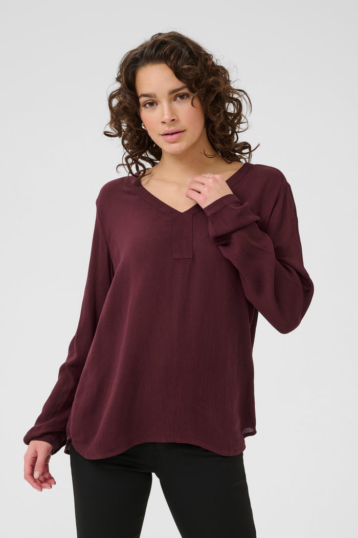 Kaffe Amber Windsor Wine V-Neck Long Sleeve Blouse
