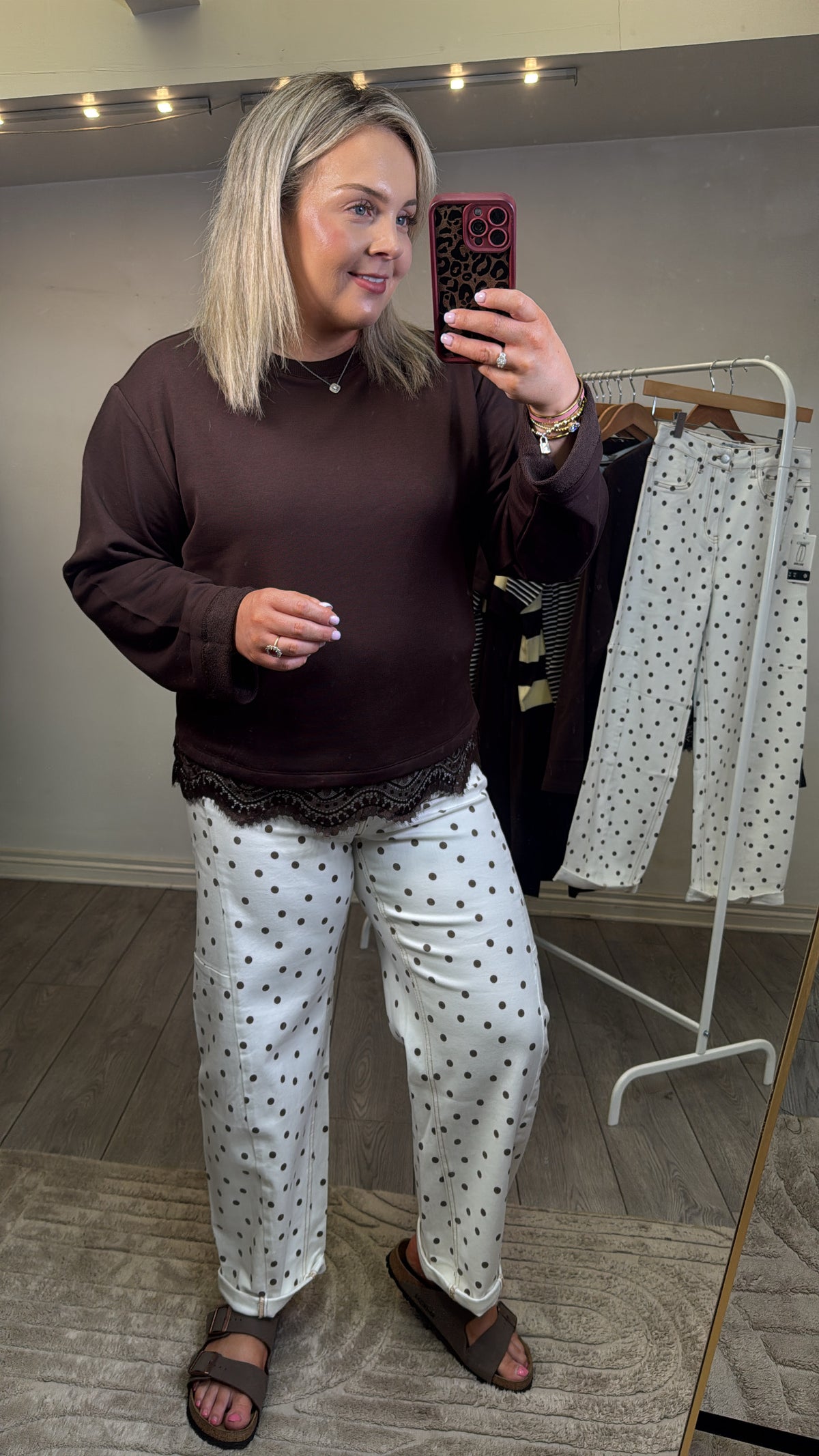 Toxik Highwaisted Barrel Leg Cream Jeans with Chocolate Polka Dot, L21630