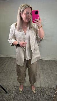 Access Fashion Beige Striped 3/4 Sleeve Blazer
