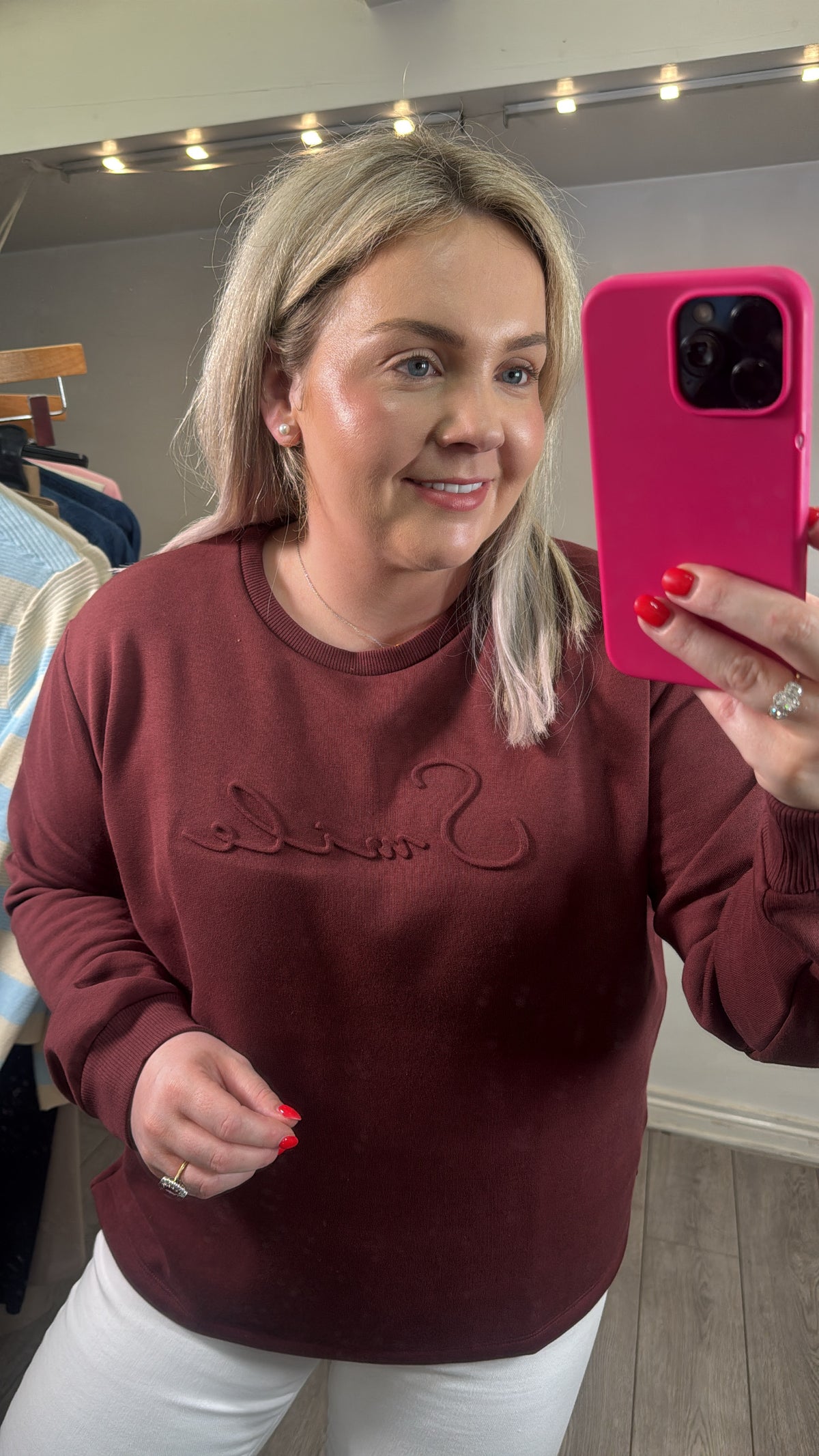 Saint Tropez Lyona Burgundy Embossed 'SMILE' Logo Fleece Lined Sweatshirt