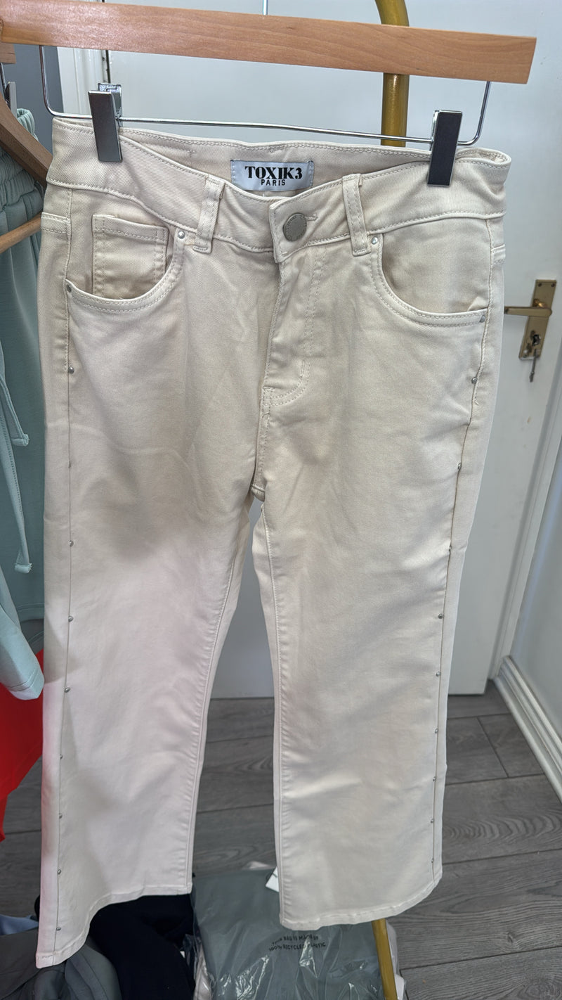 Toxik Highwaisted Wide Leg Culotte Cream Beige Stud Cropped Jeans