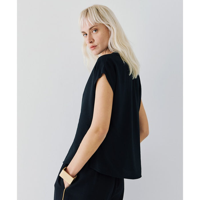 Access Fashion Black V-Neck Blouse with Cream Piping