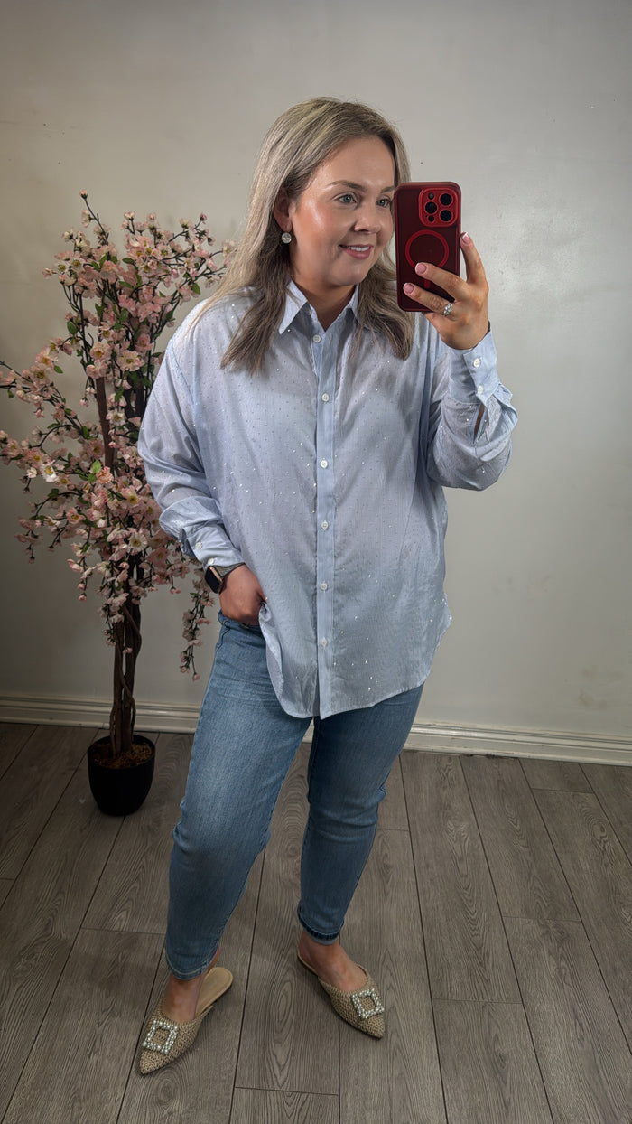 Kaffe Kamilena Baby Blue/White Embellished Oversized Shirt