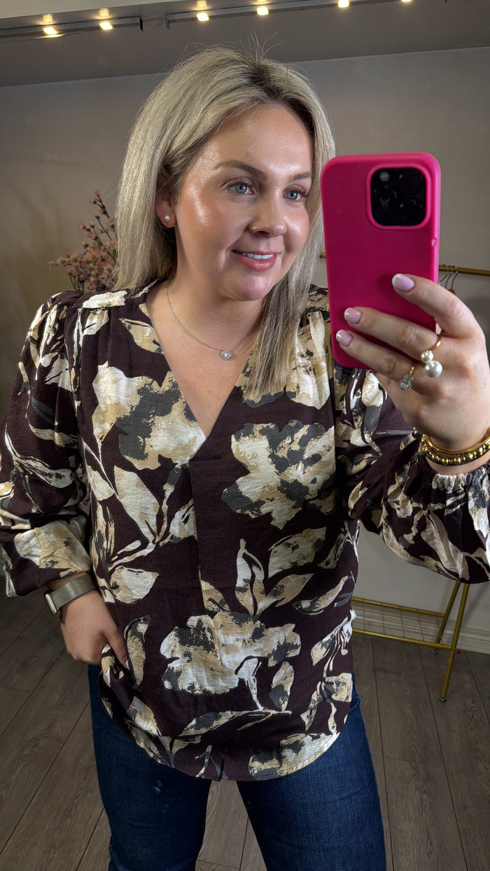 Fransa FrAriana Fudge Burgundy Floral V-Neck Blouse