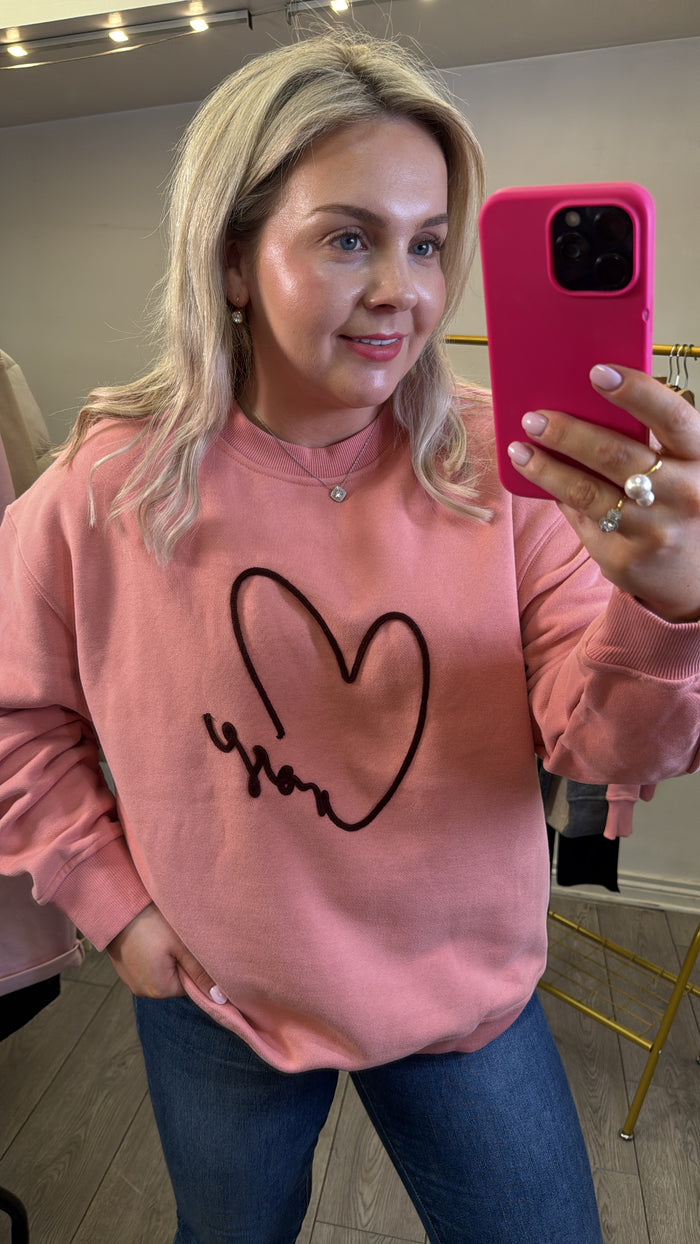 Grace & Mila Sharly Blush Pink Oversized Burgundy Embroidered Sweatshirt