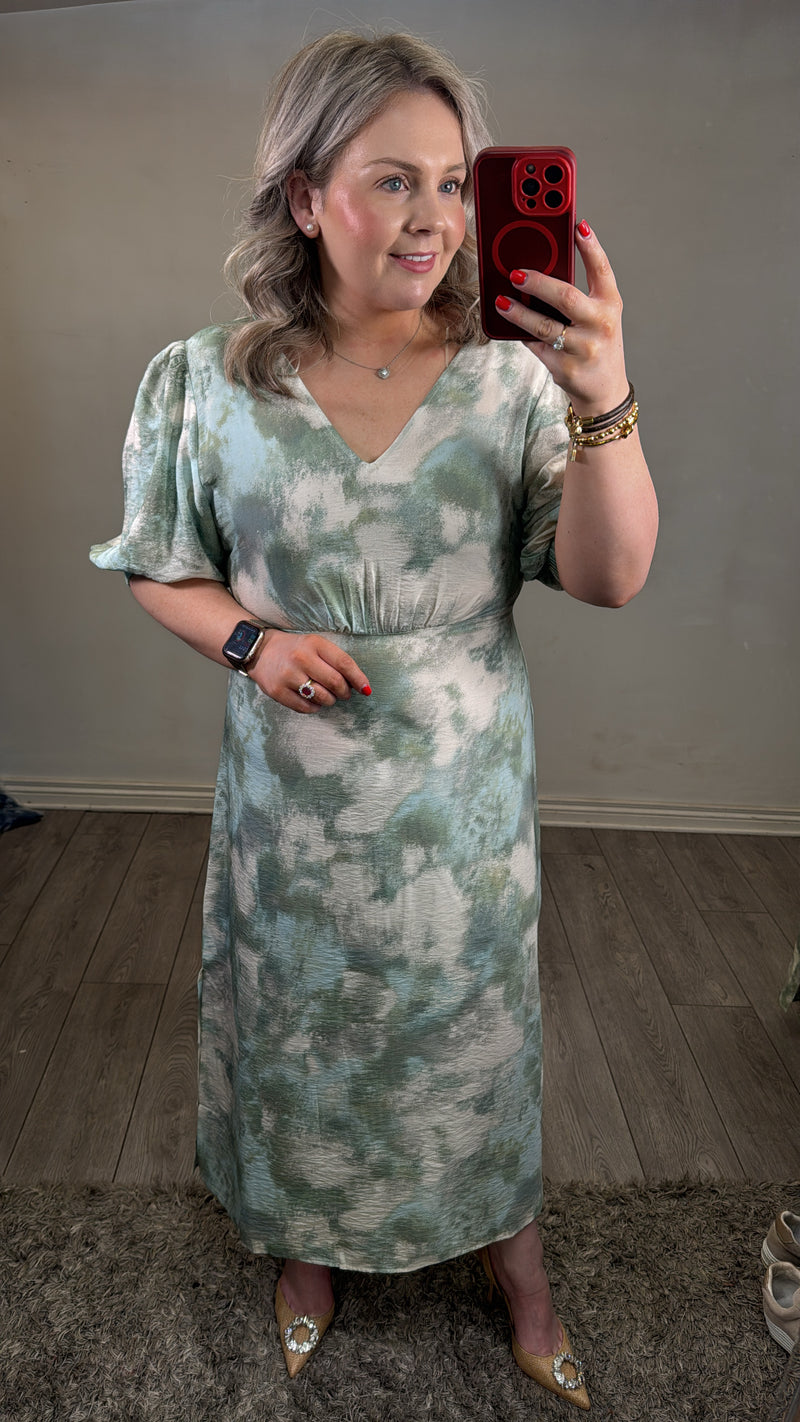 B.Young ByIbine Blue Haze Blur Printed V-Neck Midi Dress, 20816718