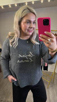 Grace & Mila Saints Anthracite Grey 'BONJOUR L'AMORE' Cream Embroidered Knit