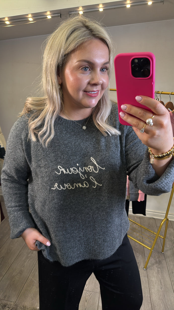 Grace & Mila Saints Anthracite Grey 'BONJOUR L'AMORE' Cream Embroidered Knit
