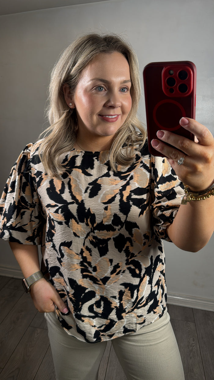 Kaffe Kapaco Peach/Black Abstract Printed Top, 10509633