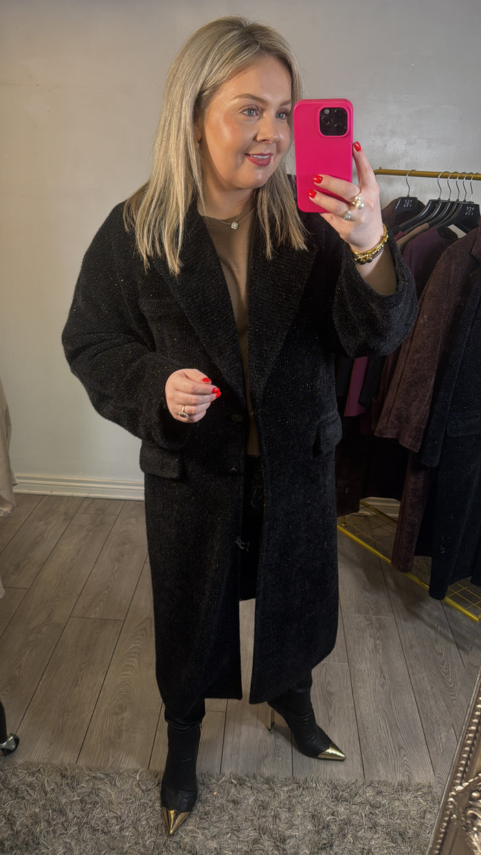 Access Fashion Single Breasted Black Velvet Like Supersoft Coat